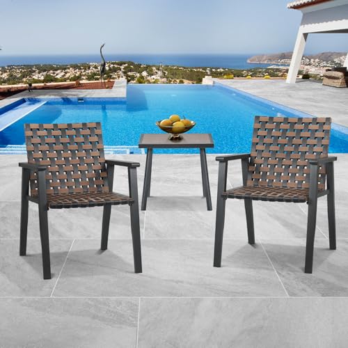 Athena Collection Outdoor Patio Bistro Set 3 Pieces Conversation Set Steel Frame Rattan Furniture Set Wicker Balcony Chairs Set of 2 and Side Table for Garden Backyard Balcony, Black