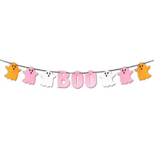 lanttaotte cute boo banner, pre-assembled pink happy boo day halloween glittery ghost party decorations for mantle girl baby shower décor