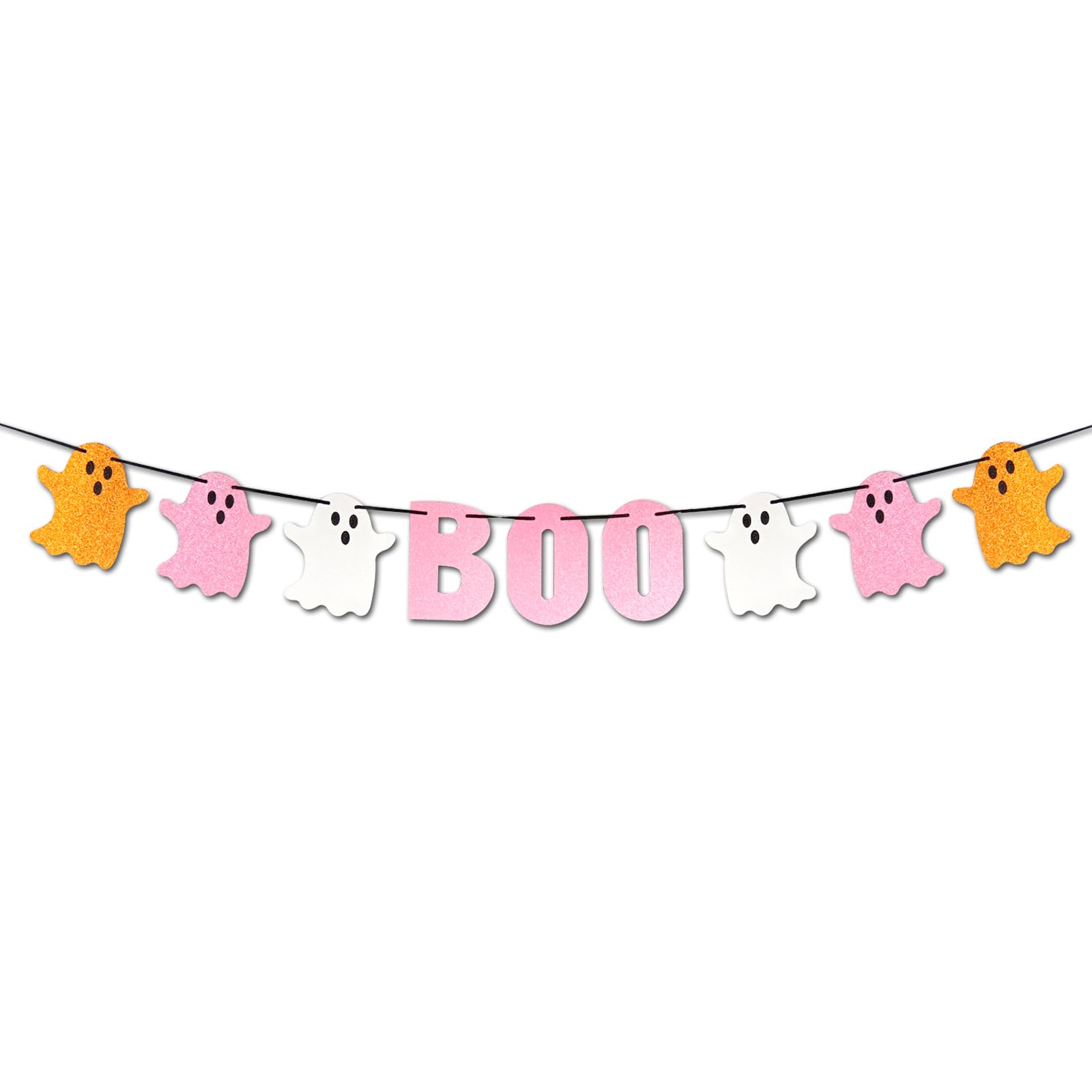 LanttAotte Cute Boo Banner, Pre-Assembled Pink Happy Boo Day Halloween Glittery Ghost Party Decorations for Mantle Girl Baby Shower Décor