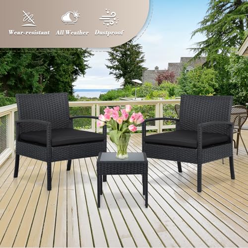 Athena Collection Patio Furniture Set PE Rattan Conversation Set of 3 Outdoor Bistro Table and Chairs Set with Seat Cushion for Garden, Front Porch, Backyard, Black