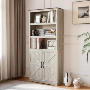 farmhouse bookshelves and bookcases with doors, floor standing 5 shelf display storage shelves, 69 in tall bookcase for home office, living room, washed grey