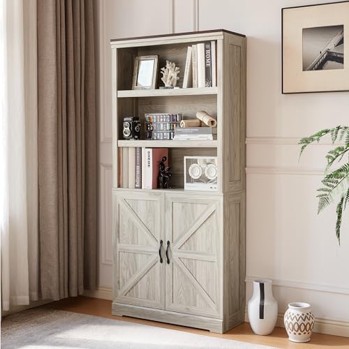 Farmhouse Bookshelves and Bookcases with Doors, Floor Standing 5 Shelf Display Storage Shelves, 69 in Tall Bookcase for Home Office, Living Room, Washed Grey