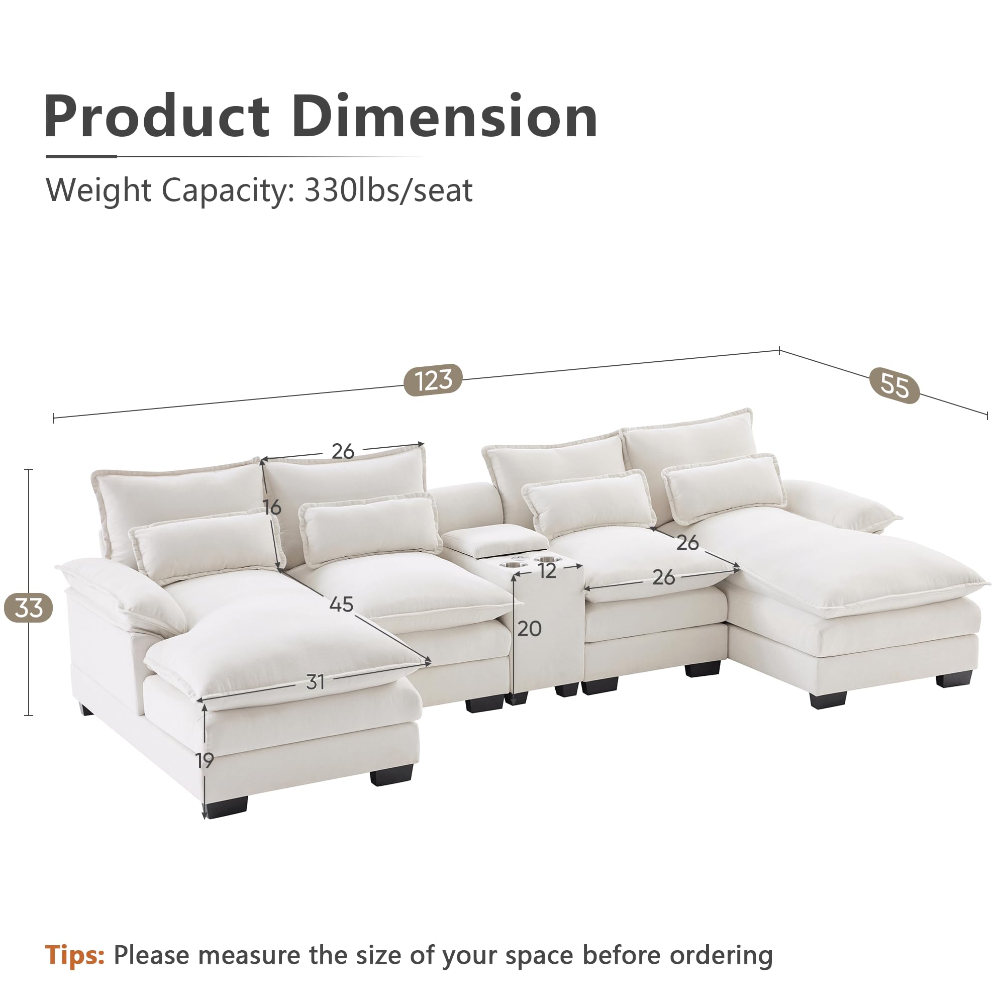 mikibama Luxury Modern 123'' U Shaped Sofa for Living Room, 4 Seater Comfy Cloud Couch Sleeper, Upholstered Sectional Couch Set with Console, Cup Holders & USB Ports, Chenille, White