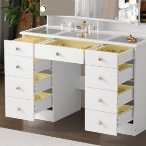 ROMSHINE Large Vanity Desk with Trifold Mirrors & Hollywood Bulbs, 43.3" W Glass Top Makeup Vanity with Lights in 3 Color Modes & Brightness Adjustable, Makeup Desk with 9 Drawers for Storage, White