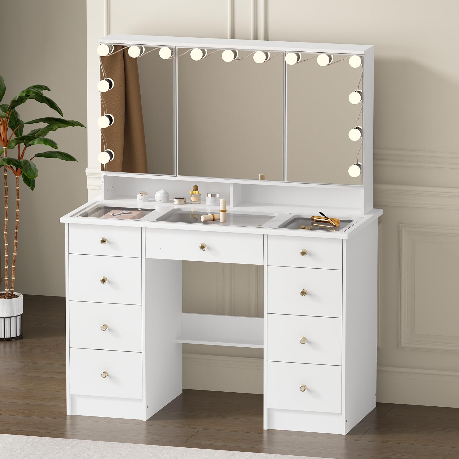 ROMSHINE Large Vanity Desk with Trifold Mirrors & Hollywood Bulbs, 43.3" W Glass Top Makeup Vanity with Lights in 3 Color Modes & Brightness Adjustable, Makeup Desk with 9 Drawers for Storage, White