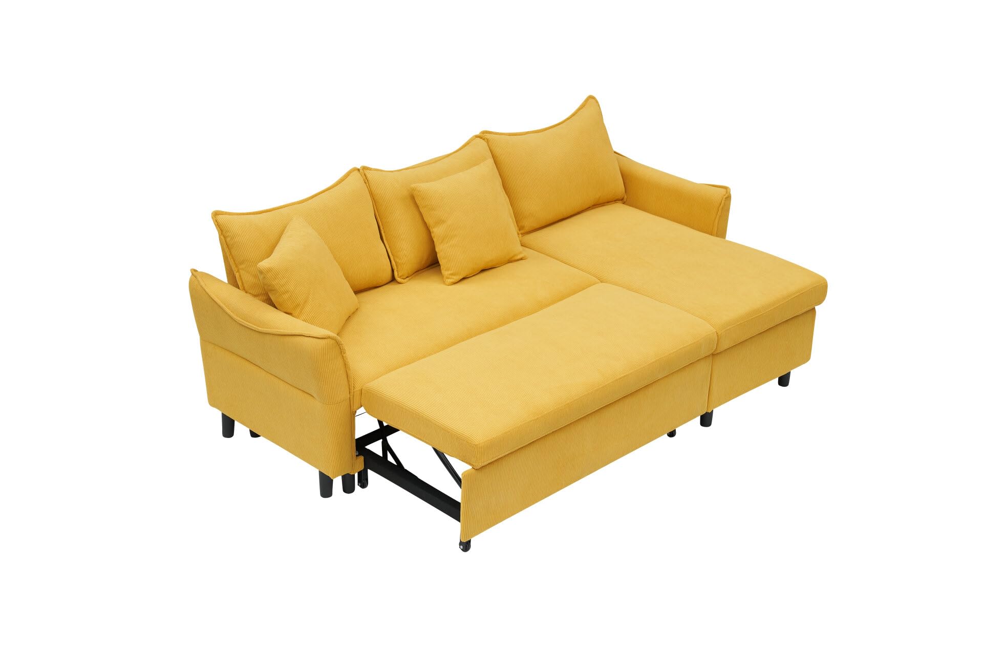 TURRIDU Convertible Sectional Sofa with Pull-Out Bed and Storage Chaise Lounge, L-shaped Corduroy Upholstered Reversible Couch with 2 Throw Pillows for Living Room, Apartment (Yellow)