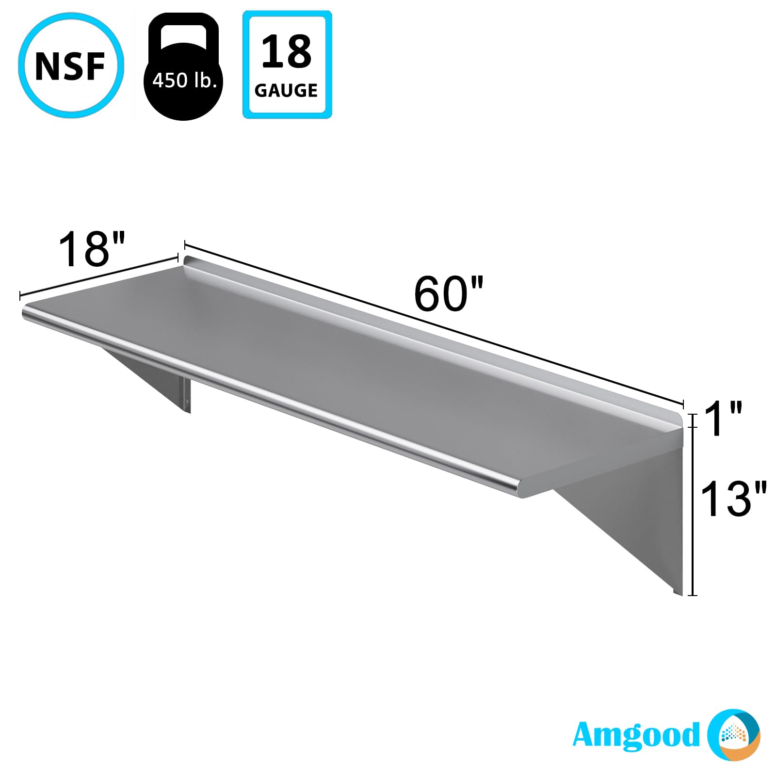 AmGood 18" X 60" Stainless Steel Wall Shelf | NSF | Garage, Laundry, Storage, Utility Room | Restaurant, Commercial Kitchen