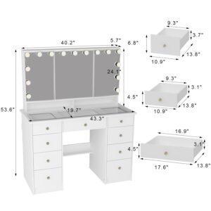 ROMSHINE Large Vanity Desk with Trifold Mirrors & Hollywood Bulbs, 43.3" W Glass Top Makeup Vanity with Lights in 3 Color Modes & Brightness Adjustable, Makeup Desk with 9 Drawers for Storage, White