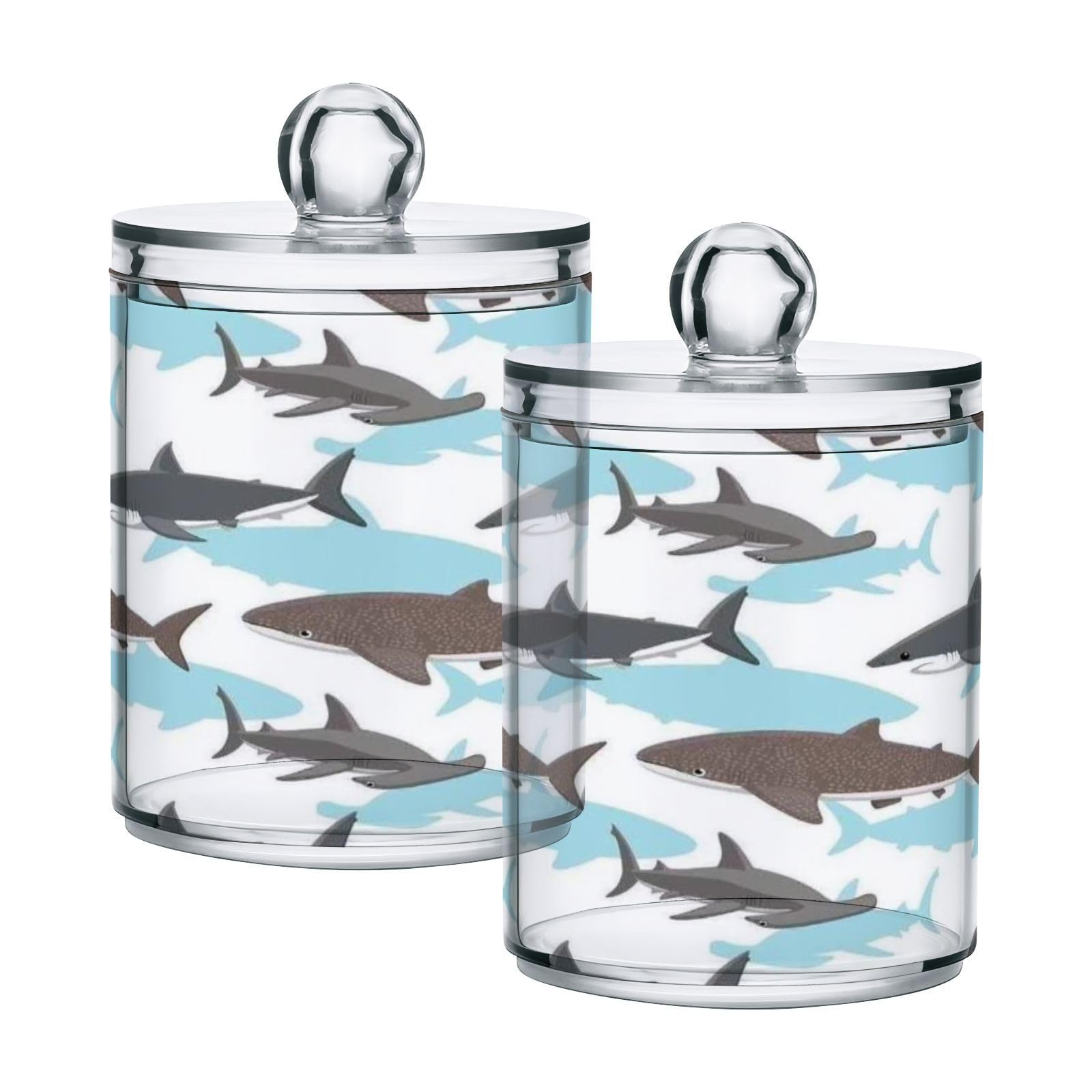 KEEPREAL Cartoon Shark Pattern Qtip Holder Dispenser with Lids, 2PCS Plastic Food Storage Canisters, Apothecary Jar Containers for Vanity Organizer Storage #285