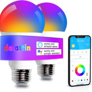 dalattin A19 Led Light Bulb, Smart Bulb Work with Alexa & Google Assistant, WiFi & Bluetooth App RGBCW Color Changing Light Bulb, E26 Led Bulb 60 Watt Equi, 800LM, Only Support 2.4GHz WiFi, 2 Pack