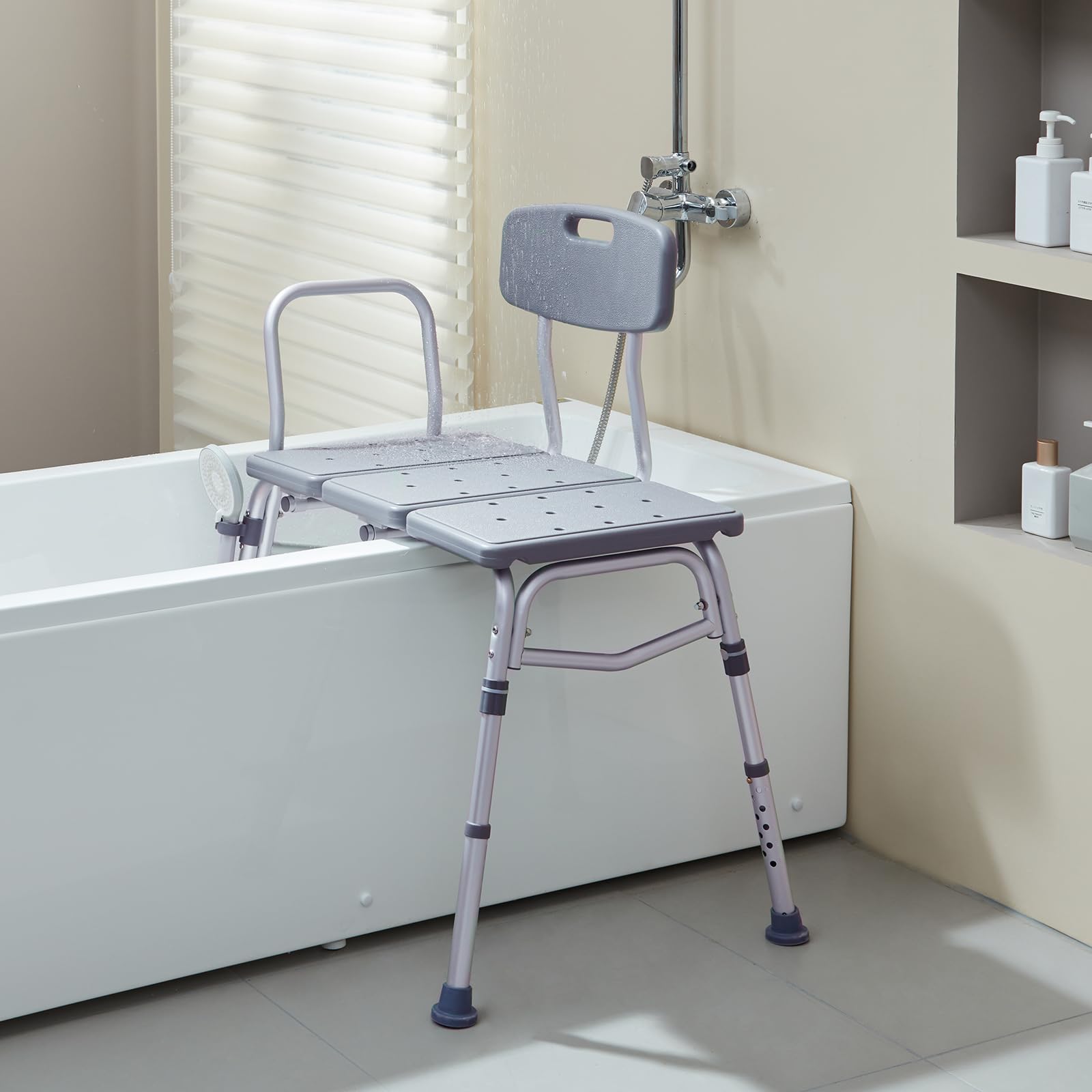 VEVOR Tub Transfer Bench for Bathtub, Adjustable Shower Seats for Adults, Lightweight Shower Bench for Elderly and Disabled, Non-Slip Bath Seats with Armrest and Reversible Backrest, 400lbs Capacity