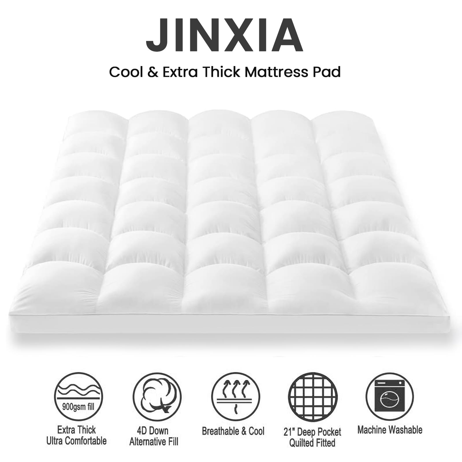 JINXIA Cooling Mattress Topper Twin for Back Pain, Extra Thick Mattress Pad Cover,Deep Elastic Pocket, Plush Pillow Top Overfilled with Down Alternative, White