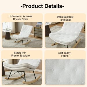 KOMIWOO Lazy Rocking Chair,Comfortable Lounge Chair with Wide Backrest and Seat Wood Base, Upholstered Armless Rocker Chair for Living room, Balcony,Bedroom and Patio Porch. (WHITE)