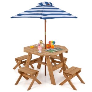 honey joy kids picnic table, fir wood octagon table & 4 stool set, stripe fabric umbrella, toddler picnic table for outdoors, children backyard furniture for patio garden (natural)