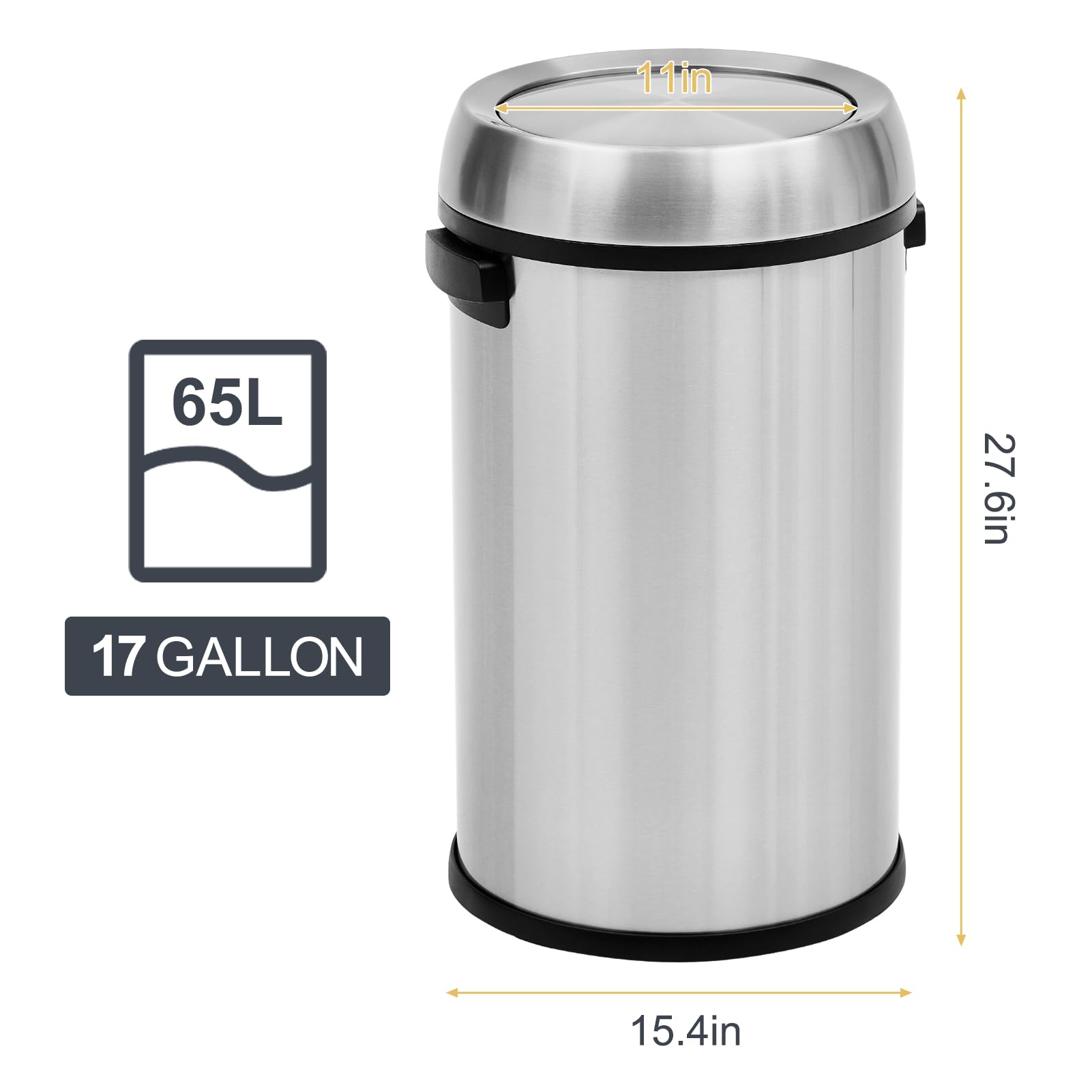 GarveeTech 65L Swing Open Trash Can, Commercial Grade Heavy Duty Brushed Stainless Steel Waste Bins, 17 Gallon Flip Top Lid Garbage Can, Outdoor | Home | Kitchen