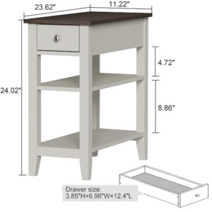 ChooChoo Side Table Living Room Set of 2, Narrow End Table with Drawer and Shelf, 3-Tier Sofa End Table for Small Space, White and Brown