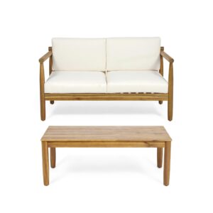 christopher knight home outdoor acacia wood loveseat and coffee table with cushions, teak and cream