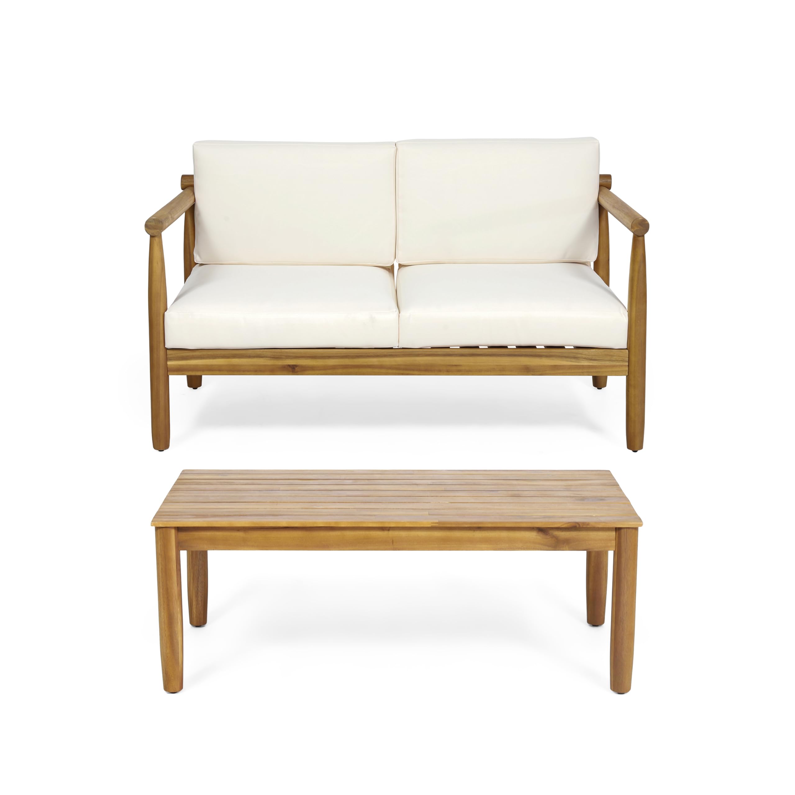 Christopher Knight Home Outdoor Acacia Wood Loveseat and Coffee Table with Cushions, Teak and Cream