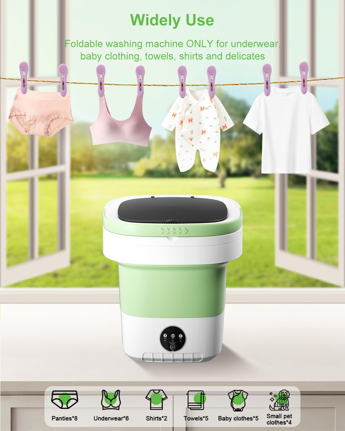 Portable Washing Machine, 13L Large Capacity Laundry Washer Cleaning for Underwear, Baby Clothes, Shirts,Small Delicates. Foldable Mini Washer and Dryer Combo for Apartment,Hotel,Camp,RV,Travel(Green)