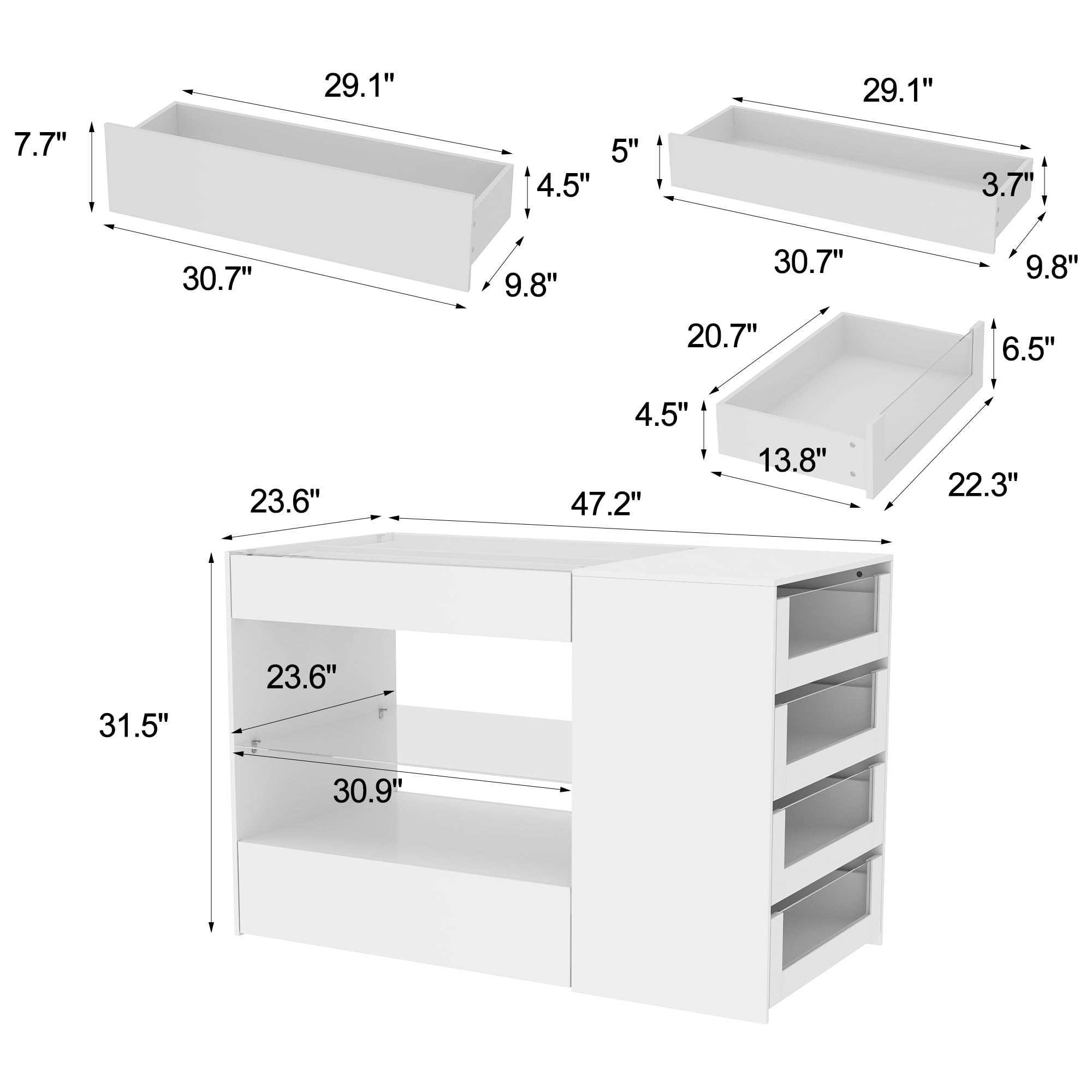 WOODTIME White Dresser with Glass Top for Bedroom, Modern Chest of Drawers with Glass Shelf and 8 Drawers, Versatile Closet Island Storage Cabinet for Walk in Closet Wardrobe, White