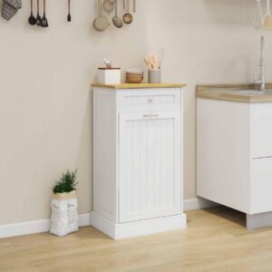 anwickjeff Tilt Out Trash Can Cabinet with Storage Drawer,Kitchen Island with Trash Can Storage,Hidden Laundry Hamper Cabinet for Kitchen (White)