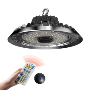 okq 240w led ufo high bay light with motion sensor, 240w 200w 150w adjustable, 5000k 36,000lm,1-10v dimmable high bay led shop light, 6-foot cable, ip65,garage,warehouse, area light. etc&dlc listed