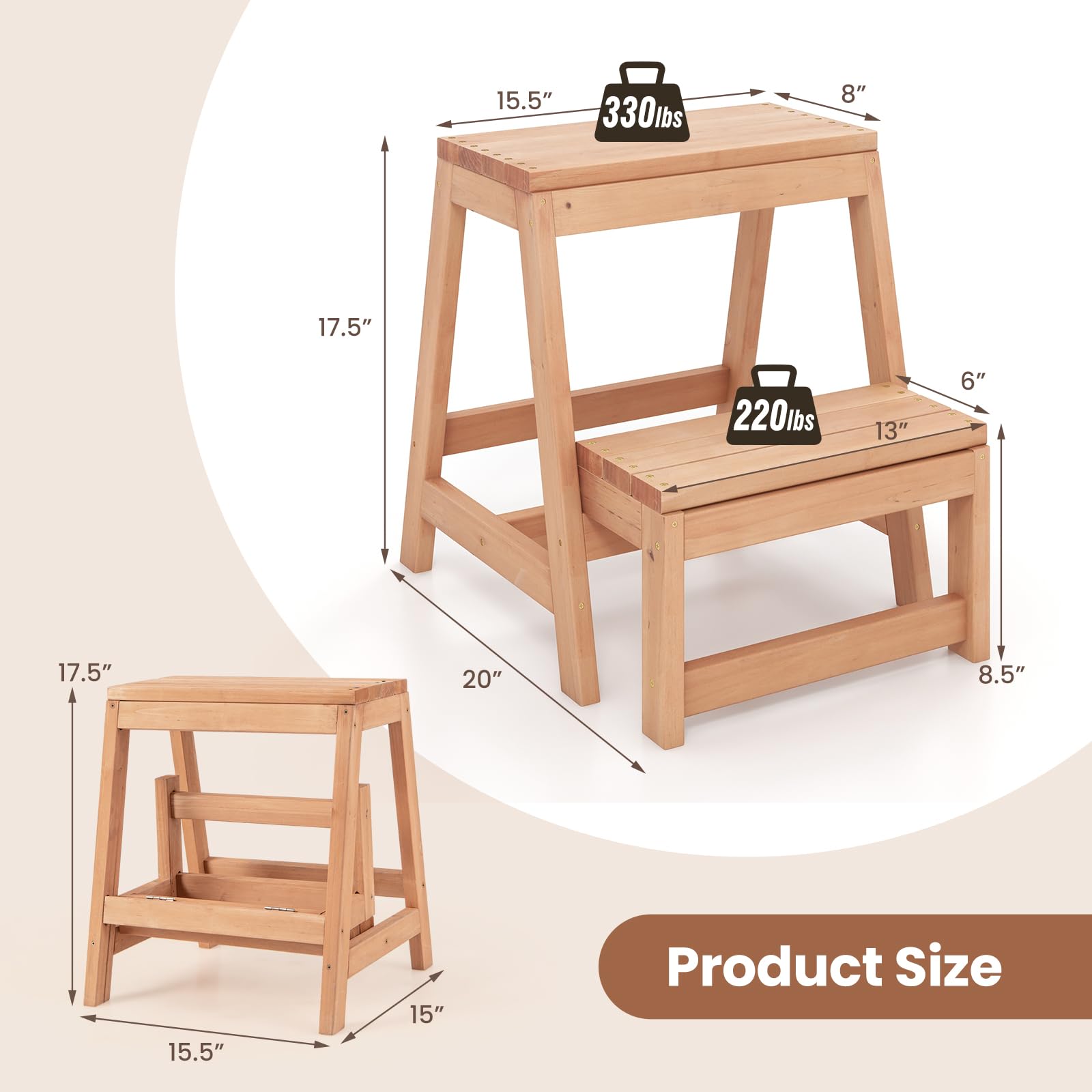 Giantex Folding Step Stool, Wooden 2-Step Stool for Kids & Adults, Holds up to 550Lbs, Portable Plant Stand, Multipurpose Storage Shelf, Stepping Stool for Kitchen Living Room (15.5" Wx20 Dx17.5 H)