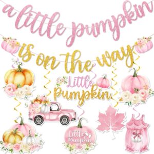 little pumpkin baby shower decorations, girl pink pumpkin baby shower decorations includes a little pumpkin is on the way banner and a little pumpkin is on her way baby shower hanging swirls