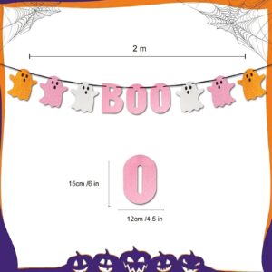 LanttAotte Cute Boo Banner, Pre-Assembled Pink Happy Boo Day Halloween Glittery Ghost Party Decorations for Mantle Girl Baby Shower Décor