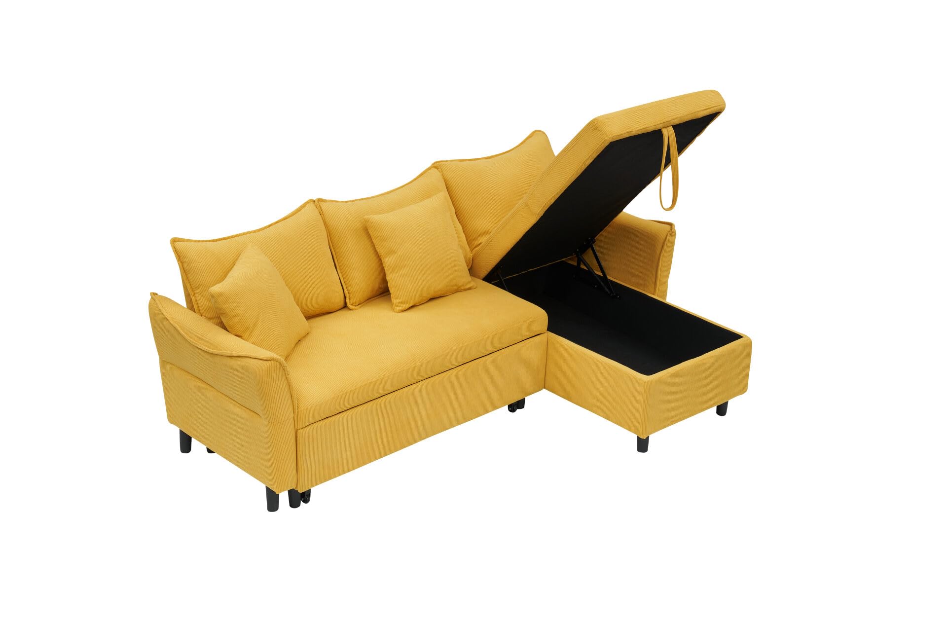 TURRIDU Convertible Sectional Sofa with Pull-Out Bed and Storage Chaise Lounge, L-shaped Corduroy Upholstered Reversible Couch with 2 Throw Pillows for Living Room, Apartment (Yellow)