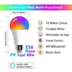 dalattin A19 Led Light Bulb, Smart Bulb Work with Alexa & Google Assistant, WiFi & Bluetooth App RGBCW Color Changing Light Bulb, E26 Led Bulb 60 Watt Equi, 800LM, Only Support 2.4GHz WiFi, 2 Pack