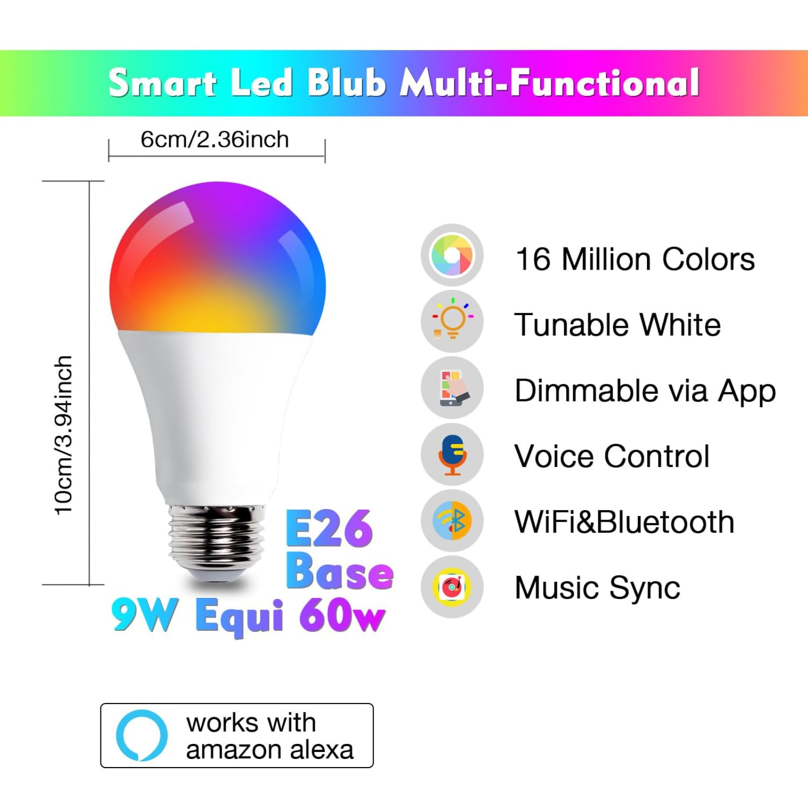 dalattin A19 Led Light Bulb, Smart Bulb Work with Alexa & Google Assistant, WiFi & Bluetooth App RGBCW Color Changing Light Bulb, E26 Led Bulb 60 Watt Equi, 800LM, Only Support 2.4GHz WiFi, 2 Pack