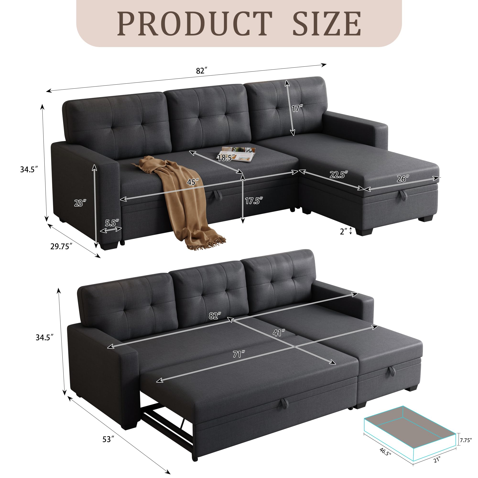 Acosure 82" Pull Out Couch with Storage Chaise,L-Shape Sectional Sofa Bed W/Tufted Backrest,3 Seater Convertible Sleeper for Living Room Apartment Office,Dark Gray