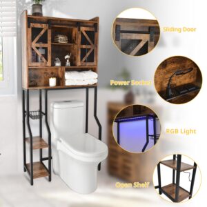 YANASO Over The Toilet Storage Cabinet, Storage Cabinet Over Toilet with 2 Barn Door and Toilet Paper Holder Stand,RGB Light Strip,Home Space-Saving Toilet Rack, for Bathroom, Restroom, Laundry