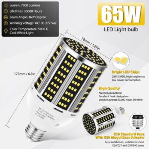 65W LED Corn Light Bulb 2 pack(650W Equivalent ) ,Daylight 5000K E26/E39 Commercial Grade 7800LM Medium Mogul Base LED Lamp,Large Area Lights For Outdoor Indoor Garage Warehouse Factory Bay Light