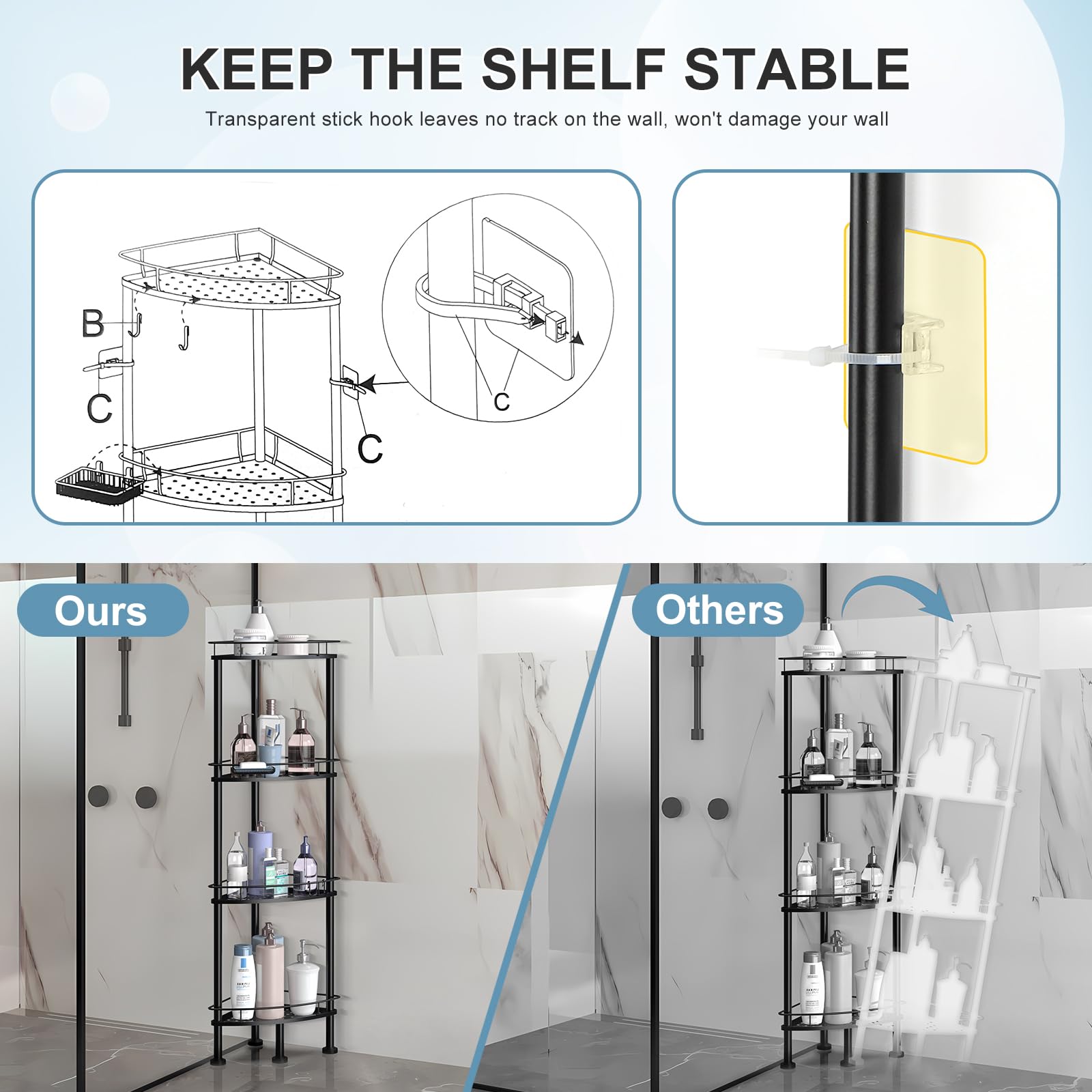 OGEMXU Corner Shower Caddy Stand, 4 Tier Shower Organizer Corner for Bathroom Shampoo Storage, Unshakable Sturdy Floor Shower Shelf with Soap Holder, Rustproof Metal Stand with 4 Hooks, Black