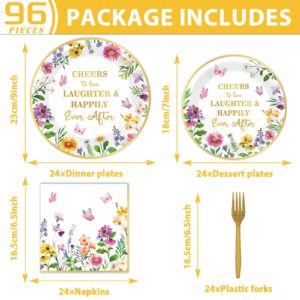 96Pcs Floral Bridal Shower Party Supplies Cheers to Love Tableware Set Wildflower Party Plates and Napkins Decorations for Engagement Bridal Shower Wedding Dinnerware Party Favors for 24 Guests