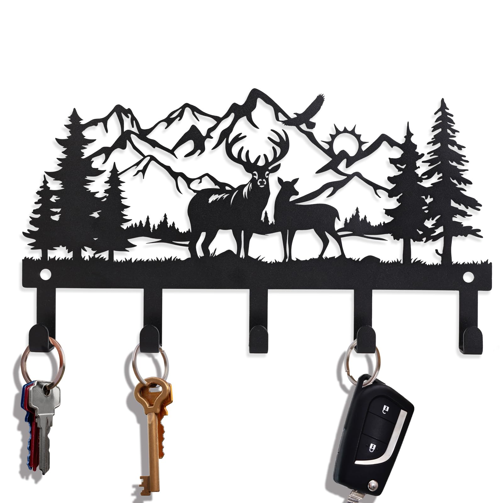 SIFZYJGN Deer Metal Key Holder for Wall, Key Hooks for Wall Organizer, Key Rack for Wall, Forest Theme Key Hooks, Ideal for Living Room, Hallway, Office