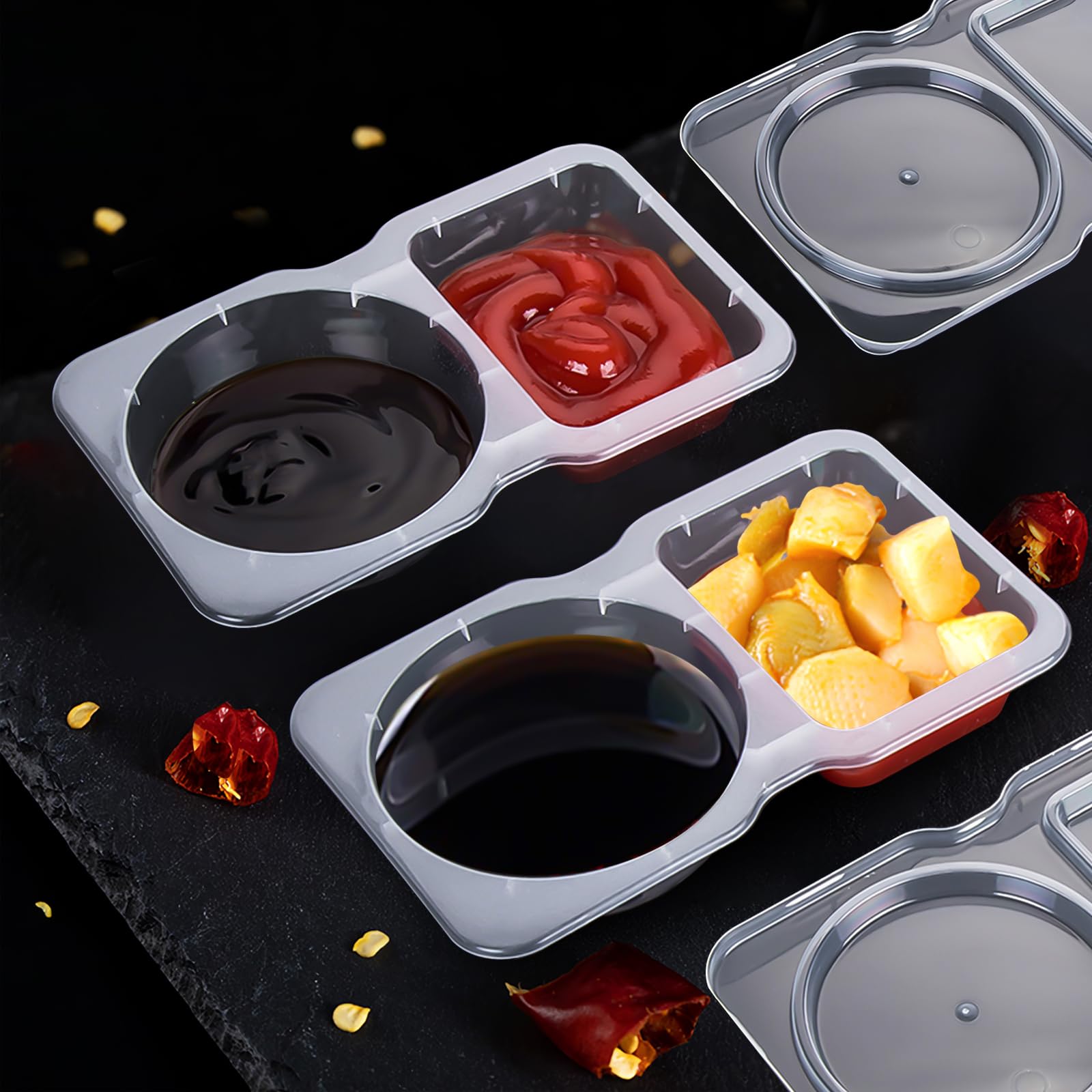 Double Compartment Condiment Containers with Lids, 2024 New Disposable 2 Compartment Snack Containers, Portion Cups Reusable Plastic Snack Container for to-go Sauce, Sampling, Travel Snack - 16 Pcs