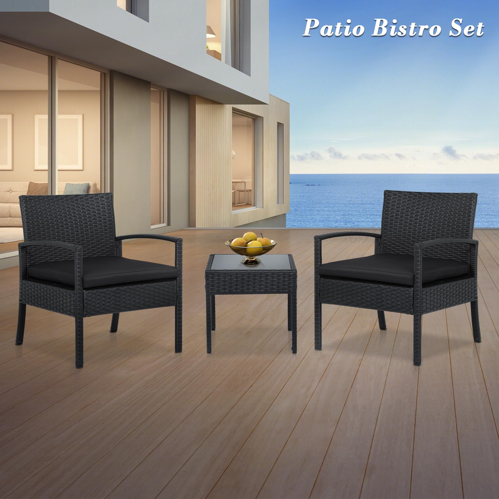 Athena Collection Patio Furniture Set PE Rattan Conversation Set of 3 Outdoor Bistro Table and Chairs Set with Seat Cushion for Garden, Front Porch, Backyard, Black