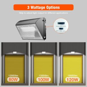 LED Wall Pack Light 120W/100W/80W Selectable(18000LM), 100-277v Dusk to Dawn with Photocell, 3000K/4000K/5000K Switchable, IP65 Waterproof Wall Mount Outdoor Light for Stadium,Yard, Buildings, Parking