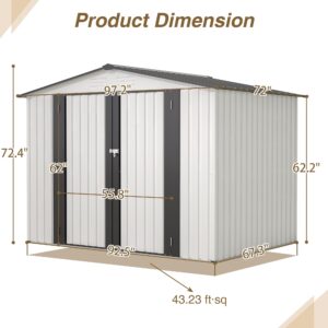 Outdoor Storage Shed 8 x 6 ft All-Weather - Rust & UV-Resistant Galvanized Steel with Ventilation & Pad-Lockable Doors,White