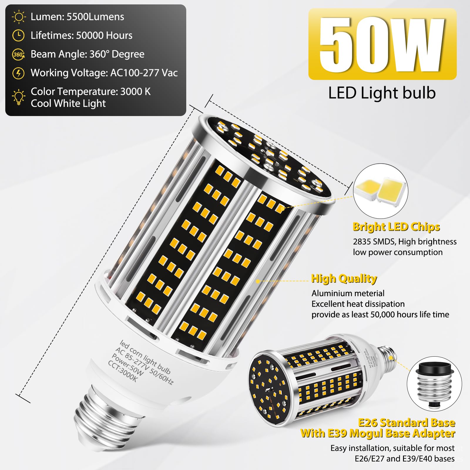 50W 2 pack LED Corn Light Bulb,3000K Warm White 6500LM(500W Equivalent ) Commercial GradeE26/E39 Medium Mogul Base LED Lamp,Large Area Lights For Outdoor Indoor Garage Warehouse Factory Bay Light