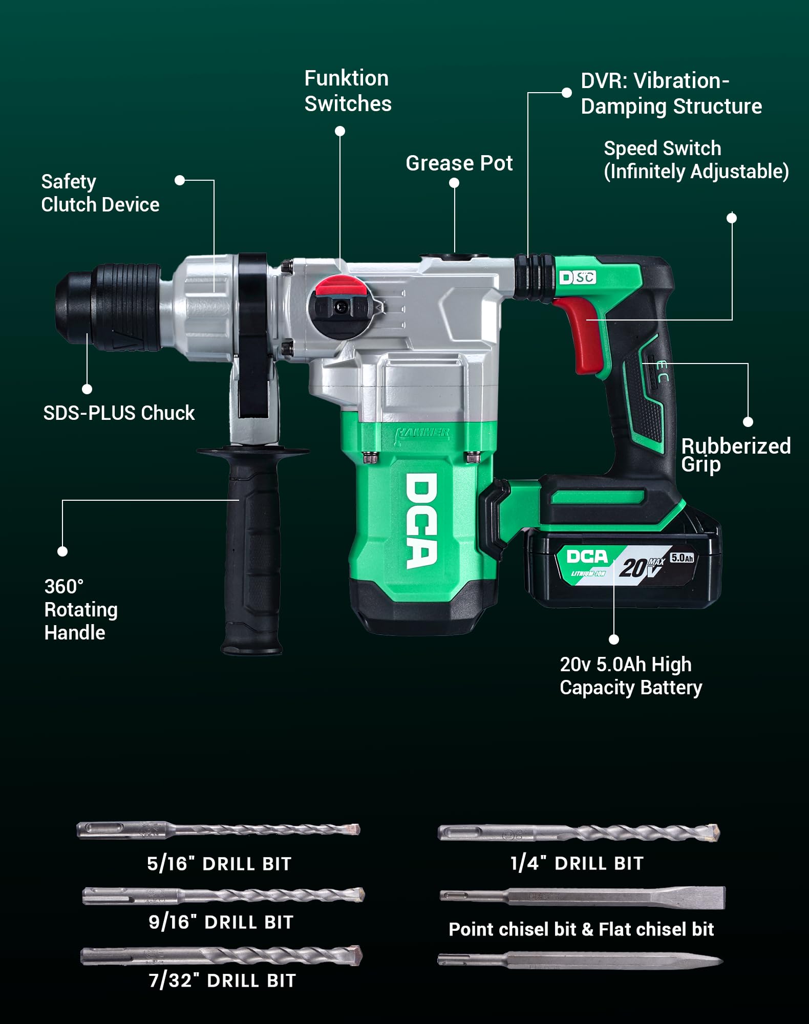 DCA 20V MAX Brushless Rotary Hammer Drill, 4.5 Joule, 3800BPM, 1-1/8 Inch SDS-Plus, Cordless Heavy Duty Rotary Hammer Drill, 5.0Ah Battery, 4A Fast Charger, Safety Clutch, 4 Drill Bits and 2 Chisels