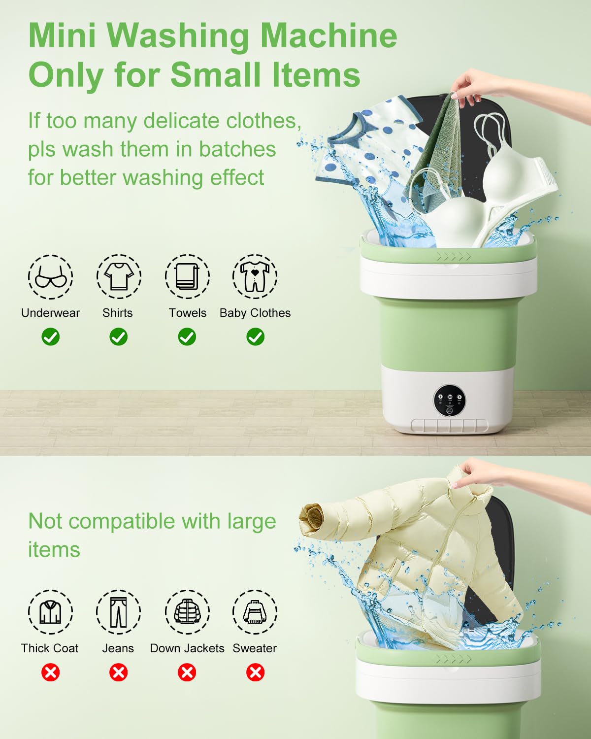 Portable Washing Machine, 13L Large Capacity Laundry Washer Cleaning for Underwear, Baby Clothes, Shirts,Small Delicates. Foldable Mini Washer and Dryer Combo for Apartment,Hotel,Camp,RV,Travel(Green)