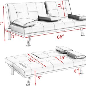 VFD Futon Sofa Bed Modern Couches for living room Convertible Recliner Sleeper Sofa Loveseat with 2 Cup Holders and Side Pocket, Removable Armrests (Light Gray)