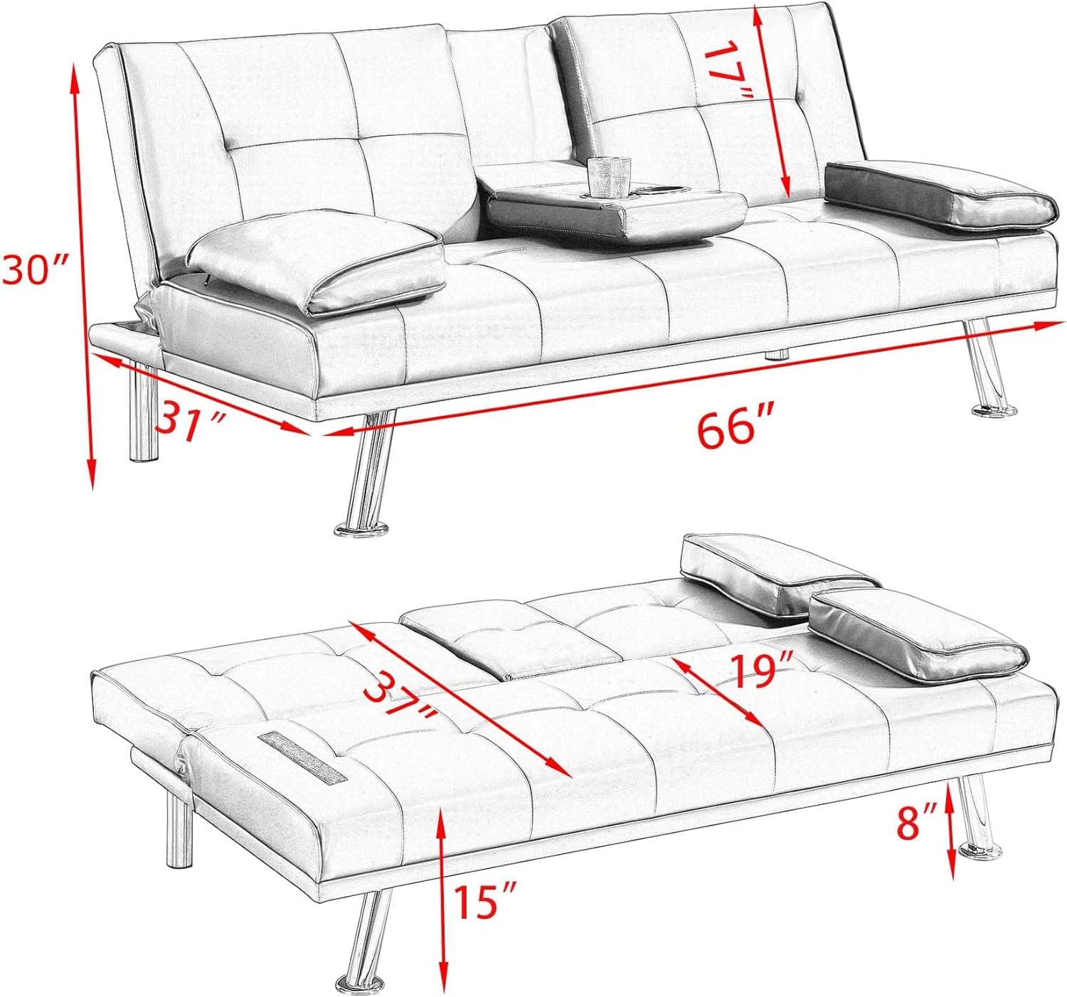 VFD Futon Sofa Bed Modern Couches for living room Convertible Recliner Sleeper Sofa Loveseat with 2 Cup Holders and Side Pocket, Removable Armrests (Light Gray)