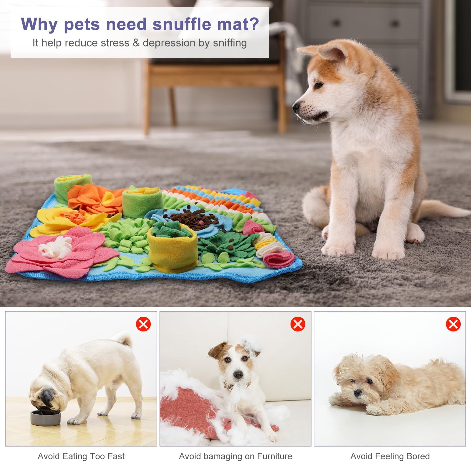 JXTZ Snuffle Mat for Dogs, Interactive Dog Snuffle Mat, 15.4 x15.4 inches Sniffing Activity Mat for Boredom Relief, Slow Feeder, Felt Wool Dog Feeding Mat, Relieve Anxiety, Puzzle Toy for Dogs, Cats