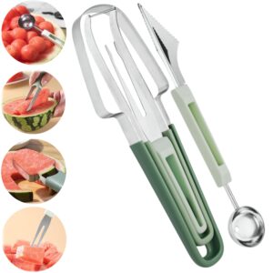 4 -in-1 watermelon fork slicer cutter,melon ball scoop,stainless steel watermelon popsicle cutter watermelon cutter slicer tool melon cutter knife portability fruit fork for camping kitchen gadgets