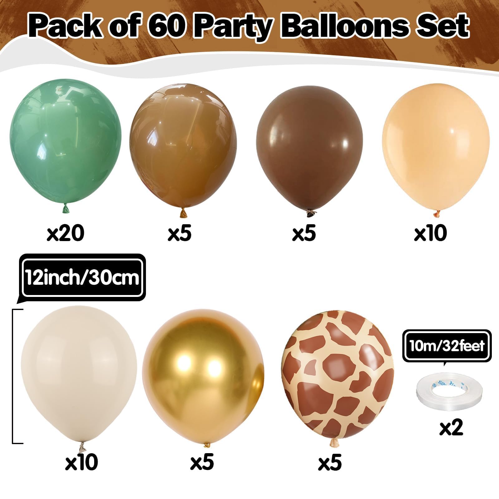 Green Brown Balloons 60 Pcs Jungle Safari Sage Green Brown Gold Cream Balloons Retro Khaki Brown Avocado Green Apricot Balloon for Boys Giraffe Woodland Animal Baby Shower Birthday Party Decorations